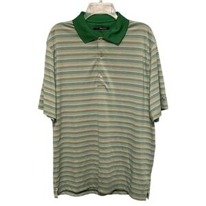 Greg Norman Play Dry Mens Large Green Striped Golf Polo Shirt Short Sleeve L